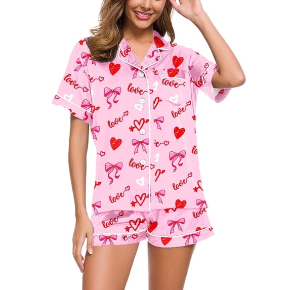 MEZZALL Women Pajama Sets Heart Bow Printed Home Wear Loose Comfortable Casual Short Sleeve Lapel Button Shirts Tops With Shorts 2 Piece Versatile Sleepwear