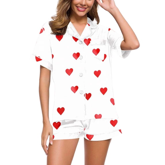 MEZZALL Women Pajama Sets Heart Printed Home Wear Loose Comfortable Casual Short Sleeve Lapel Button Shirts Tops With Shorts 2 Piece Soft Sleepwear
