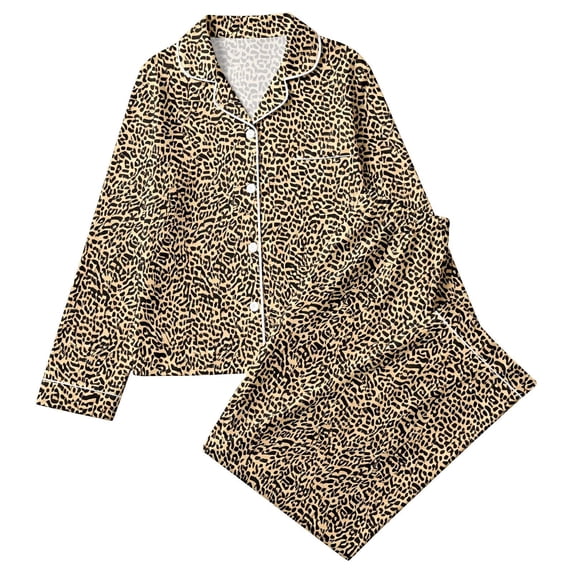 MEZZALL Women Pajama Sets Leopard Long Sleeve Lapel Button Shirts Blouse Tops With Pants Home Clothing Versatile Sleepwear