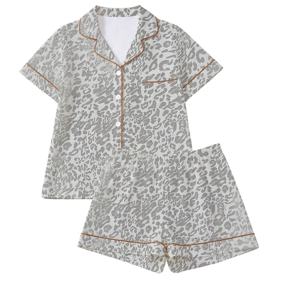 MEZZALL Women Pajama Sets Short Sleeve Lapel Button Shirts Tops With Shorts Leopard Printed Casual Loose 2 Piece Loungewear Relaxed Fit Sleepwear
