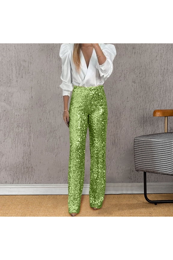 Women Party Sequin Elastic Waist Slim Fit Elastic Flare Pants Fashion Solid Color Pants Fashionable Daliy Slacks Trousers