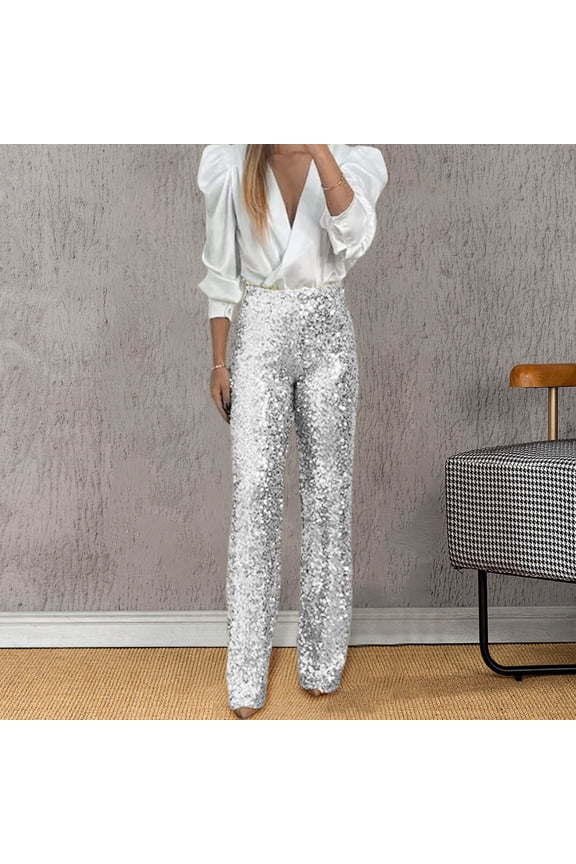Women Party Sequin Elastic Waist Slim Fit Elastic Flare Pants Fashion Solid Color Pants Stylish Daliy Slacks Trousers