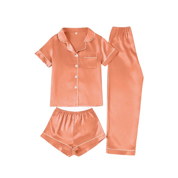 MEZZALL Women Satin Short Sleeve Lapel Button Shirts Blouse Tops With Shorts And Pants Pajama Sets Sleepwear With Cardigan Loungewear 3 Piece Summer Nightwear Breathable Loose Fit Homewear