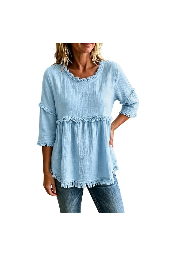 Women Shirts Fashion Casual Round Neck Loose Solid Color 3/4 Sleeve Blouse Tops Leisure Streetwear