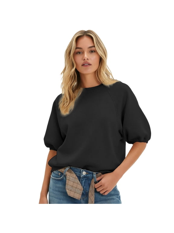 Women Short Sleeve Sweatshirt Crew Neck Raglan Puff Sleeve Loose Fit Casual Pullover Tunic Tops for Daily Wear