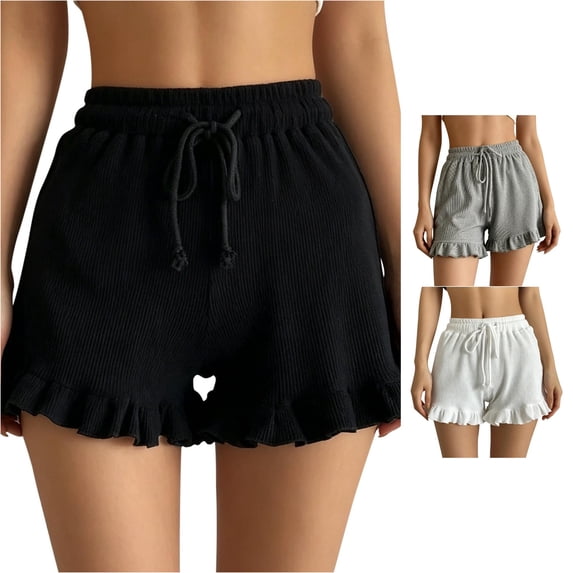 MEZZALL Women Shorts Lady Summer Lace Frill Elastic Waist Tie Bow Front Sports Ruffle Solid Color Workout Bottoms , Black