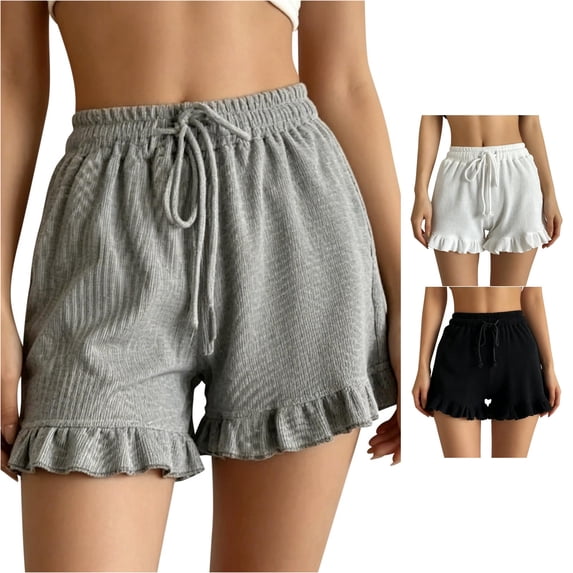 MEZZALL Women Shorts Lady Summer Lace Frill Elastic Waist Tie Bow Front Sports Ruffle Solid Color Workout Bottoms , Light Gray
