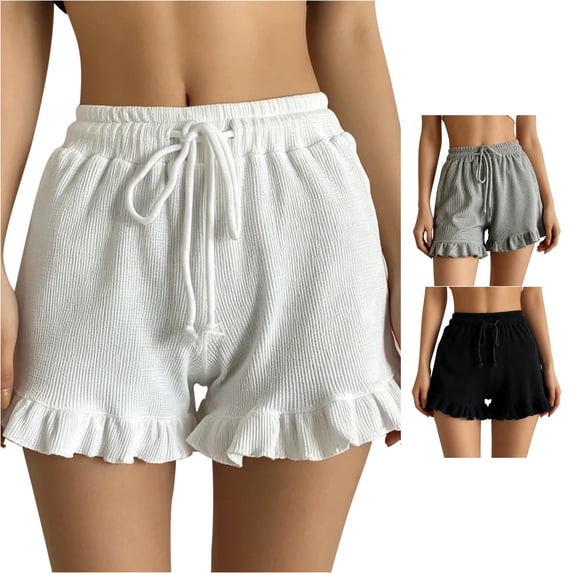 MEZZALL Women Shorts Lady Summer Lace Frill Elastic Waist Tie Bow Front Sports Ruffle Solid Color Workout Bottoms , White