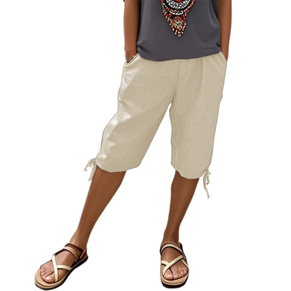 MEZZALL Women Shorts Linen Shorts With Pockets Elastic Drawstring Leisure Shorts Knee Length Shorts Cozy Solid Color Summer Daily Casual Bottoms