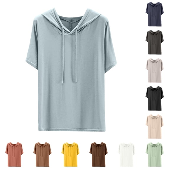 MEZZALL Women Solid Color Short Sleeve Hoodies Sweatshirts Pullover With Casual Plain Summer Sports Shirt With Drawstring Loose Comfortable Tops Running Shirt Basic Daily Outdoor Trendy Travel