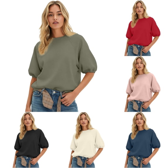 MEZZALL Women Sweatshirts Solid Color Half Sleeve Elegant Comfort Versatility Pullover Daily Outdoor Crewneck Classic Travel Tops