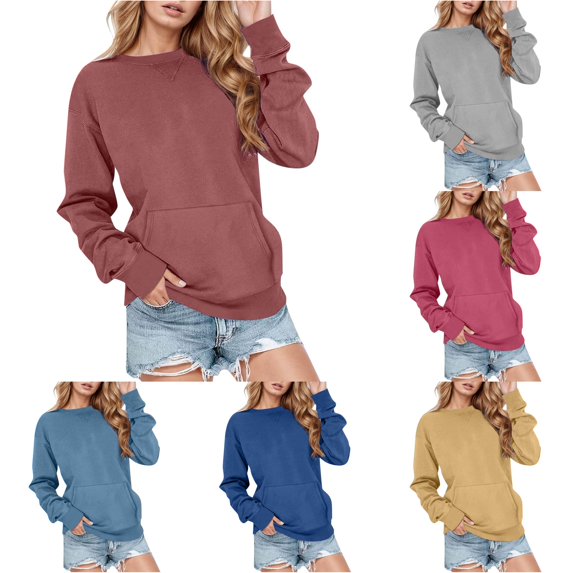 MEZZALL Women Sweatshirts Solid Color Long Sleeve Casual Pullover Crewneck Pockets Athletic Sportswear Basic Daily Outdoor Vacation Travel Tops