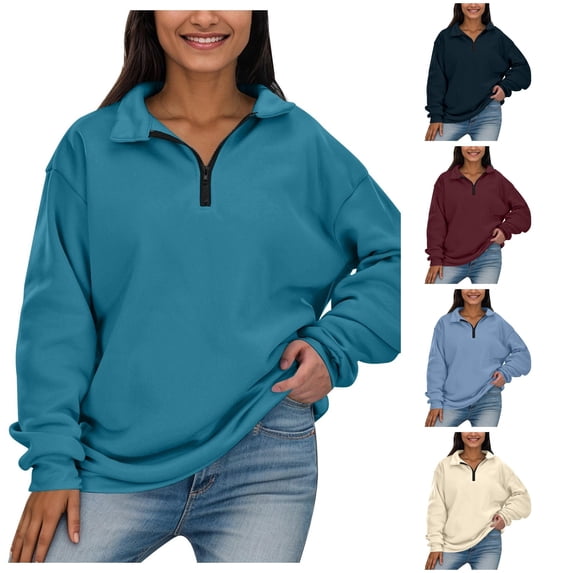 MEZZALL Women Sweatshirts Solid Color Long Sleeve Half Zip Lapel Collar Athletic Stylish Comfortable For All Day Wear Basic Daily Outdoor Vacation Travel Tops