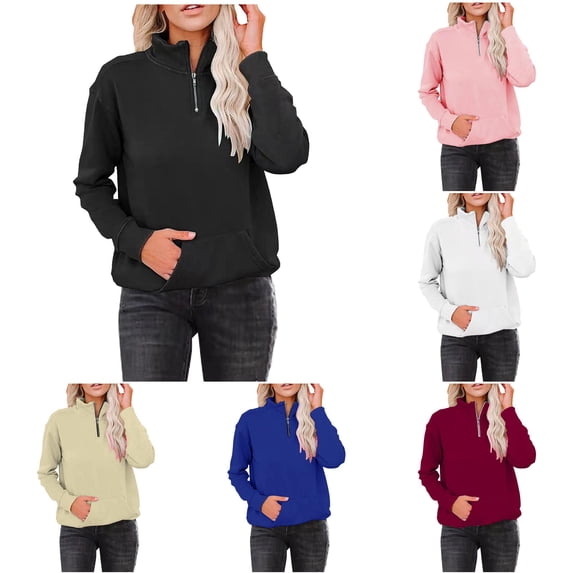 MEZZALL Women Sweatshirts Solid Color Long Sleeve Zip Neck Pockets Warm Pullover Basic Daily Outdoor Versatile Travel Tops