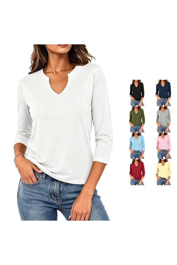 Women T-Shirts 3/4 Sleeve Notch V Neck T Shirts Casual Solid Color Slim Fit Basic Blouse Tops Breathable Streetwear