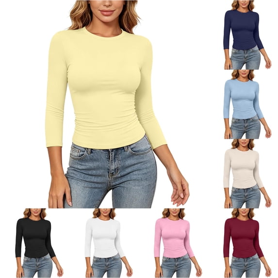 MEZZALL Women T-Shirts 3/4 Sleeve Tee Basic Slim Fit T Shirt Casual Crew Neck Pullover Tops Breathable Solid Color Streetwear