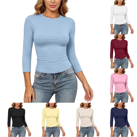 MEZZALL Women T-Shirts 3/4 Sleeve Tee Basic Slim Fit T Shirt Casual Crew Neck Pullover Tops Cozy Solid Color Streetwear