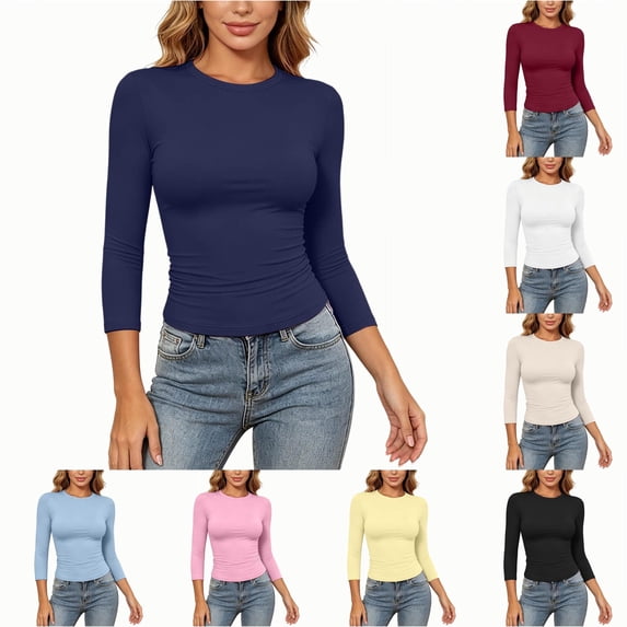 MEZZALL Women T-Shirts 3/4 Sleeve Tee Basic Slim Fit T Shirt Casual Crew Neck Pullover Tops Versatile Solid Color Streetwear