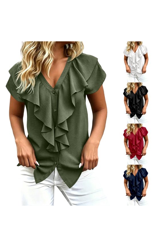 Women T-Shirts Elegant Blouse Tops With Ruffle Collar V-neck Ruffle Temperament Commuting Solid Color Classic Streetwear