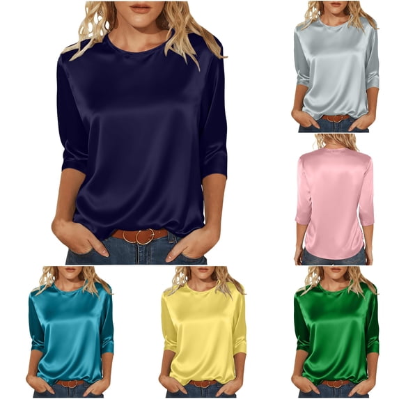MEZZALL Women T-Shirts Elegant Solid Color 3/4 Sleeve Blouson T Shirt Lightweight Satin Knit Tops Crew Neck Summer Soft Streetwear