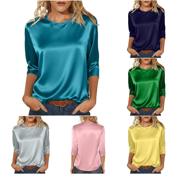 MEZZALL Women T-Shirts Elegant Solid Color 3/4 Sleeve Blouson T Shirt Lightweight Satin Knit Tops Crew Neck Summer Vacation Streetwear