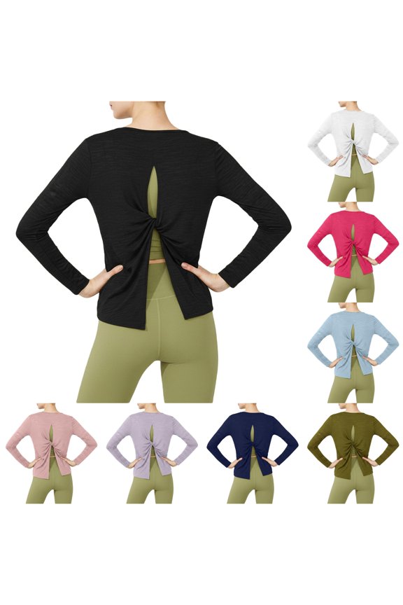 Women T-Shirts Elegant Yoga Long Sleeve Tops Back Twist Hollow Open Back Flowy Athletic Workout Fitness Shirt For Running And Gym Birthday Solid Color Streetwear