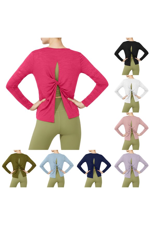 Women T-Shirts Elegant Yoga Long Sleeve Tops Back Twist Hollow Open Back Flowy Athletic Workout Fitness Shirt For Running And Gym Versatile Solid Color Streetwear