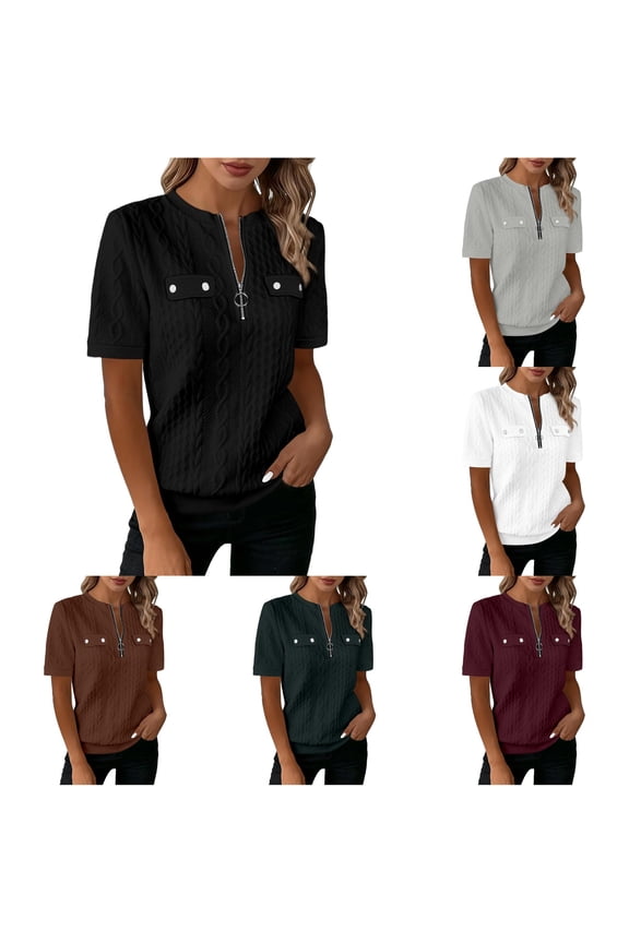 Women T-Shirts Elegant Zip Front Casual Crewneck Tops Soft Everyday Wear Cable Textured Short Sleeve Top Half Zip Blouse Shirt Leisure Solid Color Streetwear