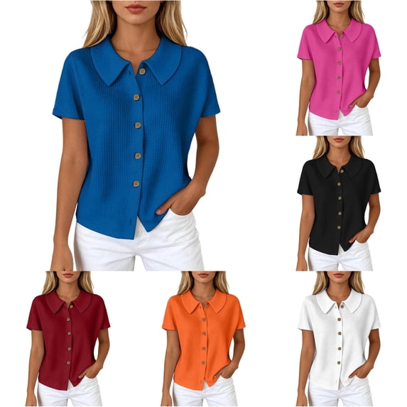MEZZALL Women T-Shirts Knit Solid Color Lightweight Short Sleeve Shirt With Classic Lapel Collar Breathable Tops