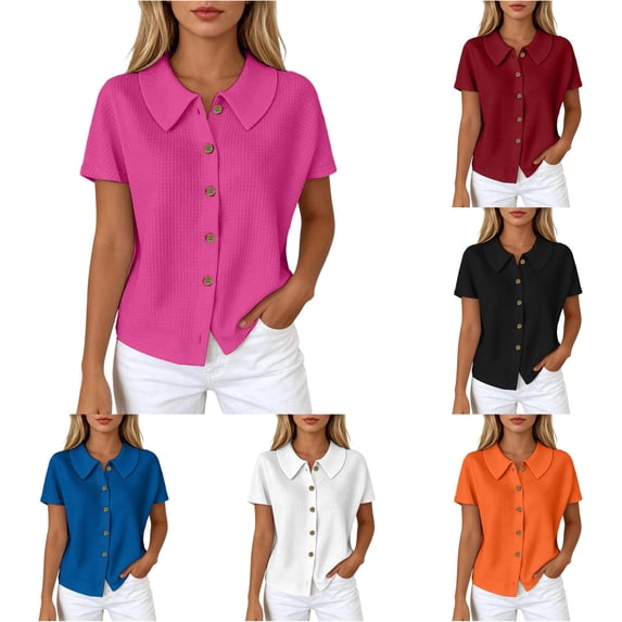 MEZZALL Women T-Shirts Knit Solid Color Lightweight Short Sleeve Shirt With Classic Lapel Collar Vacation Tops