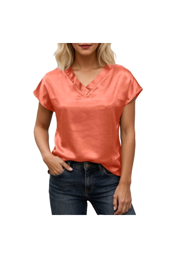 Women T-Shirts Knit Tops Lightweight Solid Color Summer Casual Blouse Classic V-Neck For Everyday Wear Versatile Streetwear