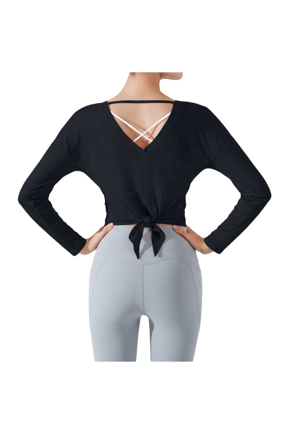 Women T-Shirts Long Sleeve Yoga Tops Back Twist Hollow Open Back Athletic Workout Crop Shirt Classic Solid Color Streetwear
