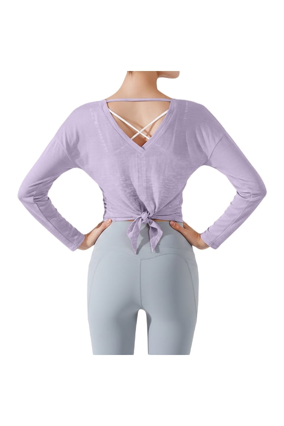 Women T-Shirts Long Sleeve Yoga Tops Back Twist Hollow Open Back Athletic Workout Crop Shirt Relaxed Fit Solid Color Streetwear