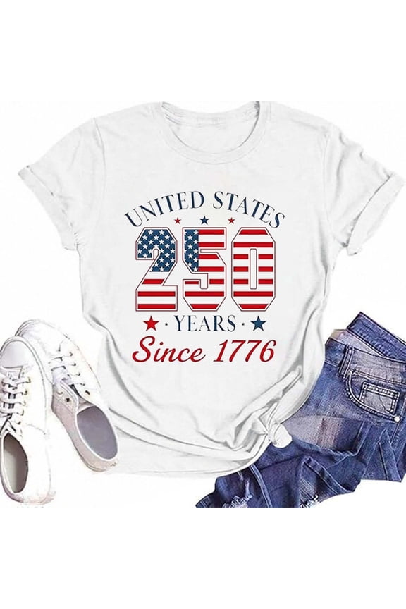 Women T-Shirts O-Neck Short Sleeve 250 Years T-Shirt Anniversary USA T Shirt Independence Day Shirts 1776-2026 Tee