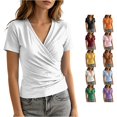 thumbnail image 1 of MEZZALL Women T-Shirts V-Neck Pleated Short Sleeve Tops For Casual Everyday Wear Leisure Solid Color Streetwear, 1 of 4