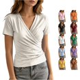 thumbnail image 1 of MEZZALL Women T-Shirts V-Neck Pleated Short Sleeve Tops For Casual Everyday Wear Soft Solid Color Streetwear, 1 of 4
