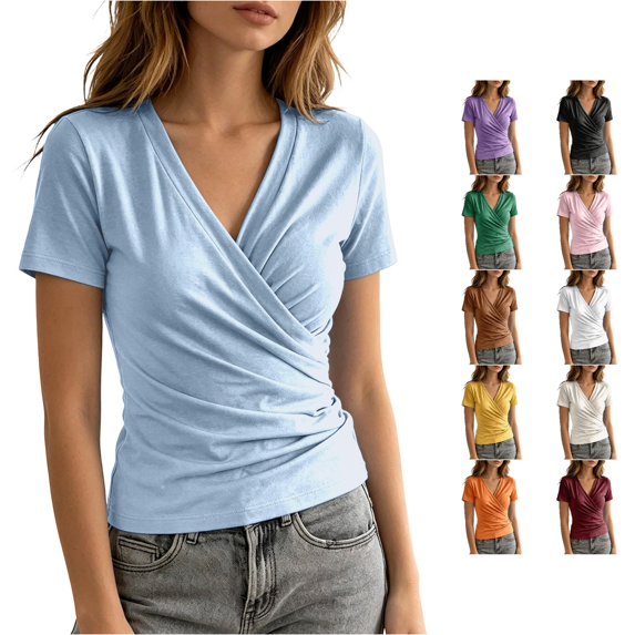 MEZZALL Women T-Shirts V-Neck Pleated Short Sleeve Tops For Casual Everyday Wear Trendy Solid Color Streetwear