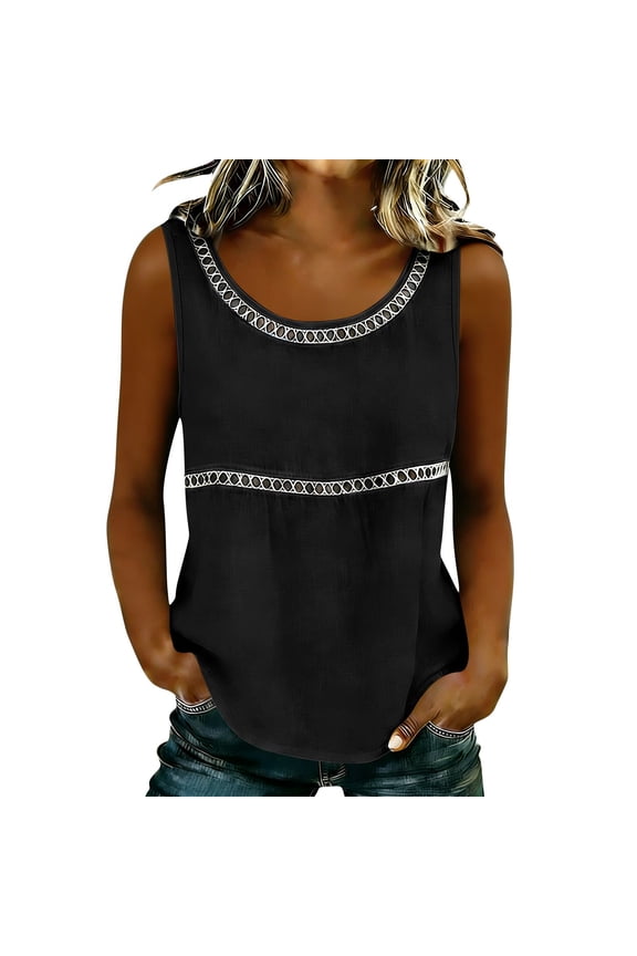 Women Tank Tops Breathable Blend Hollow Out O-Neck Sleeveless Tops Casual Summer Solid Color Loose Fit Tunic Blouse Trendy Female Camisole
