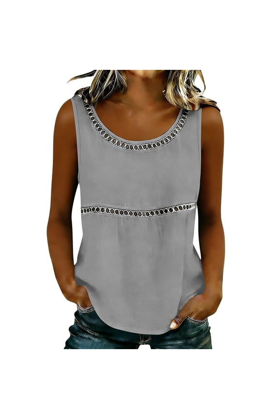 Women Tank Tops Breathable Blend Hollow Out O-Neck Sleeveless Tops Casual Summer Solid Color Loose Fit Tunic Blouse Trendy Ladies Camisole