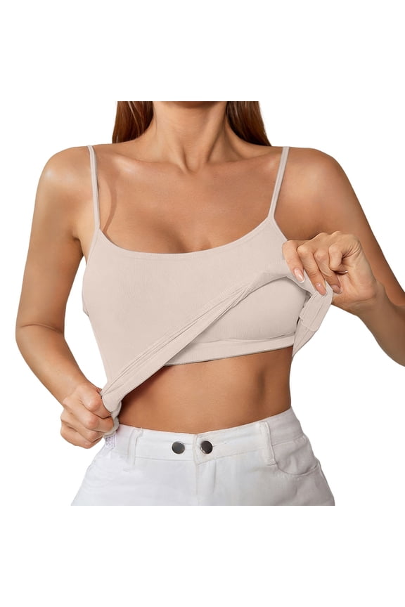 Women Tank Tops Sleeveless Solid Color O-Neck With Shelf Bra Undershirt Adjustable Wide Strap Basic Tops With Bra Integrated Spaghetti Strap Undershirt With Built In Bra Birthday Female Camis