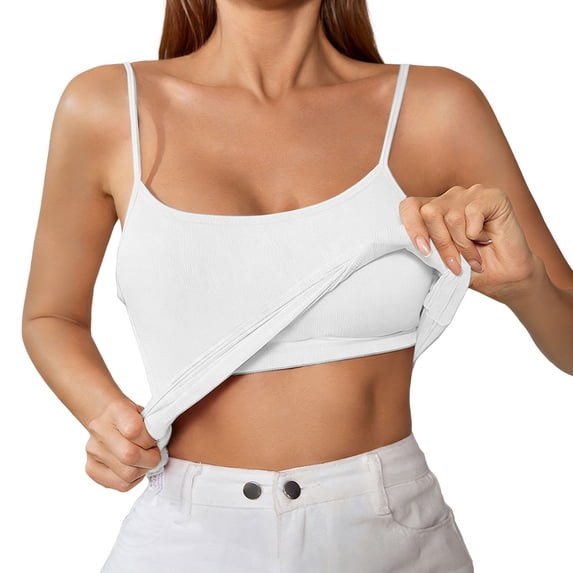 MEZZALL Women Tank Tops Sleeveless Solid Color O-Neck With Shelf Bra Undershirt Adjustable Wide Strap Basic Tops With Bra Integrated Spaghetti Straps Undershirt With Built In Bra Stylish Female Camis
