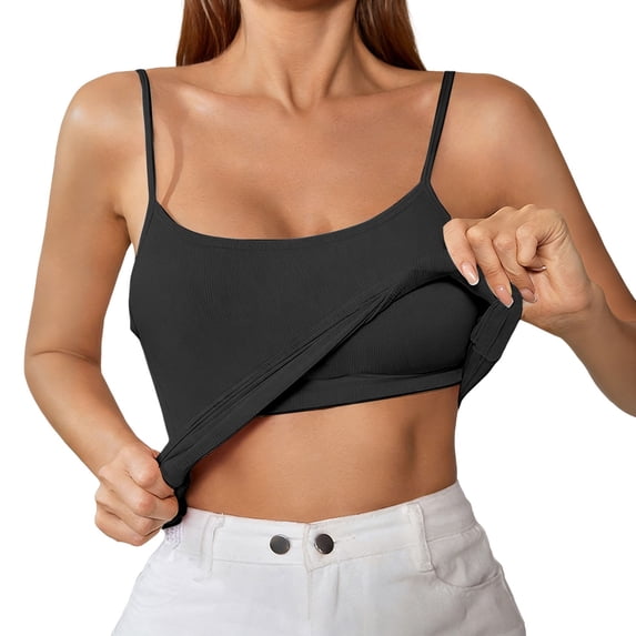 MEZZALL Women Tank Tops Sleeveless Solid Color O-Neck With Shelf Bra Undershirt Adjustable Wide Strap Basic Tops With Bra Integrated Spaghetti Straps Undershirt With Built In Bra Classic Female Camis