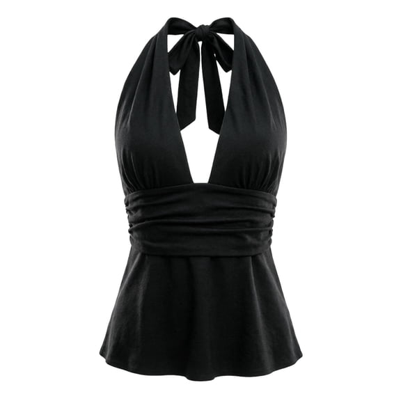 MEZZALL Women Tank Tops Sleeveless Wrap Neck Tie Back Ruffle Crop Tops Slim Fit Stomach Control Summer Solid Color Camisole Boho Ladies Camis