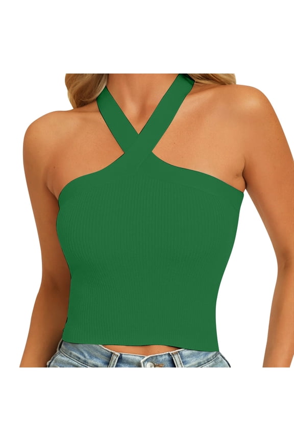 Women Tank Tops Summer Sleeveless Fashionable Solid Color Halter Neck Tops With Backless Knitted Design Trendy Ladies Camisole