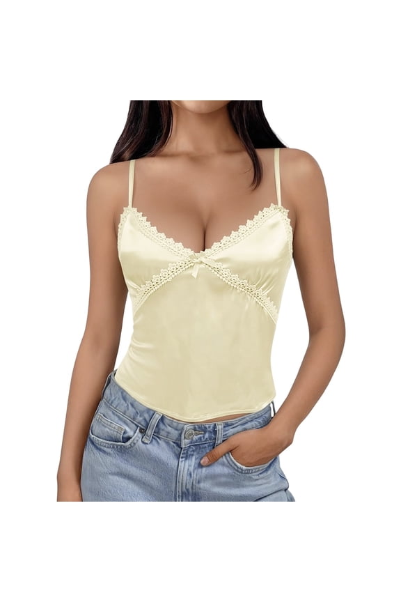 Women V Neck Velvet Lace Trim Sleeveless Camisole Cropped Tank Tops Backless Casual Summer Solid Color Wear Relaxed Fit Female Camis