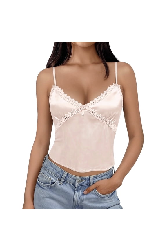 Women V Neck Velvet Lace Trim Sleeveless Camisole Cropped Tank Tops Backless Casual Summer Solid Color Wear Stylish Ladies Camis