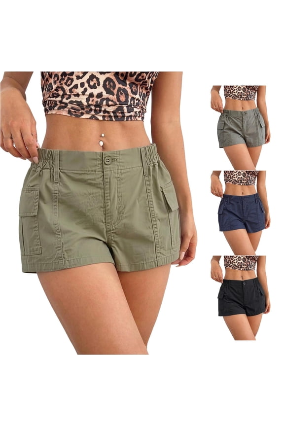 Women Versatile Waterwash Utility Shorts For In Green With Elastic Waist And Pockets Breathable Stretchy Dance And Sport Short Mid Length Solid Color Summer Workout Bottoms , Army Green