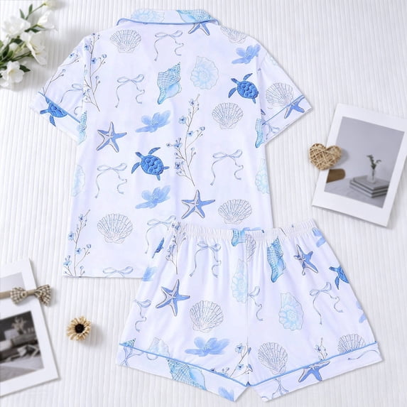 MEZZALL Women's 2 Piece Beach Style Pajama Set Lapel Short Sleeve Button Shirt Matching Shorts Starfish Seashell Print Casual Nightwear