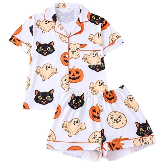 MEZZALL Women's 2 Piece Halloween Pajama Set Lapel Short Sleeve Button Shirt Matching Shorts Ghost Cats Pumpkin Print Casual Nightwear