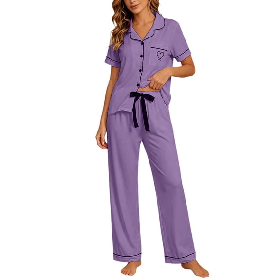 MEZZALL Women's 2 Piece Pajama Set Short Sleeve Button Down Tops With Long Pants Sleepwear with Heart Printed Pocket Summer Loungewear Stylish Pjs